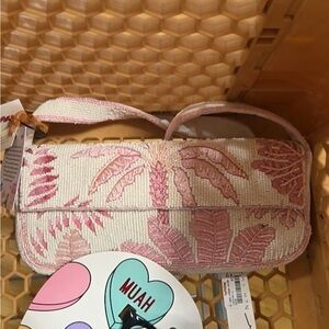Beaded Palm Leaf Shoulder Bag in Pink and Ivory